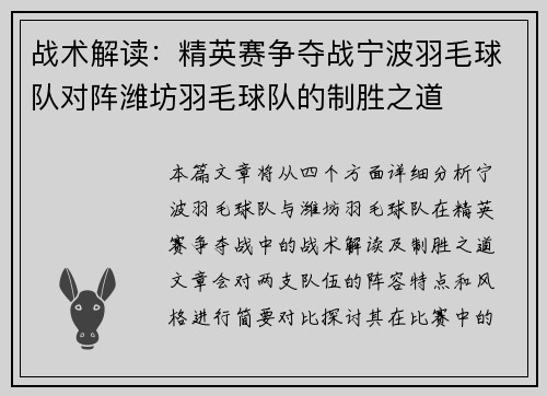 战术解读：精英赛争夺战宁波羽毛球队对阵潍坊羽毛球队的制胜之道